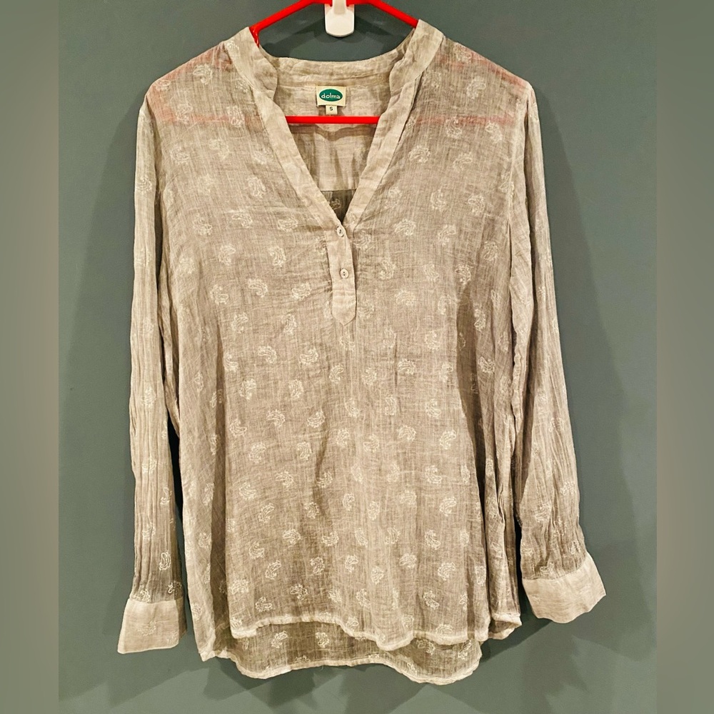 Dolma 100% Cotton Henley, White and Grey Slightly Sheer Top Size S. EUC